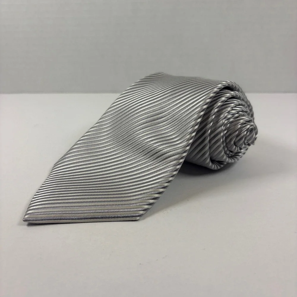 David Donahue Necktie Mens XL Silver Grey Striped Silk Formal Extra Long 0394